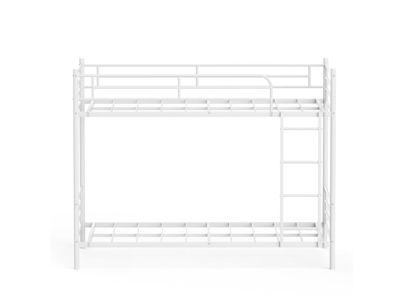 Lit superposé 90x190 cm blanc, avec échelle métal, garde-corps haut et structure fer sécurisée - Conforama A