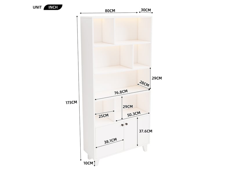  Bibliothèque 80x30x173 cm, pieds en bois massif, plusieurs compartiments de rangement, portes doubles, éclairage d'ambiance led à changement de couleur, contrôle par application, forme simple, blanc  - Conforama C