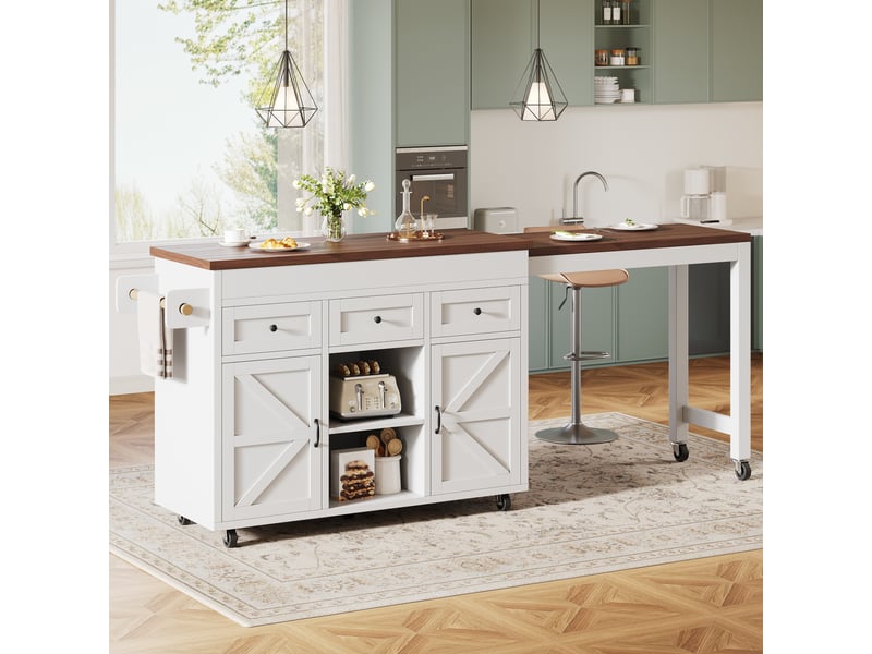 Îlot de cuisine extensible (131,5-210 cm) avec table pivotante à 360°, meuble de rangement avec tiroirs et placards, couleur blanche - Conforama R