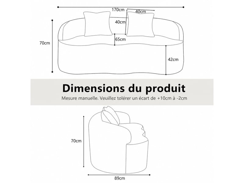  Canapé droit 2 places aux formes arrondies avec coussins  - assise mousse et ressorts, tissu - blanc  - Conforama E