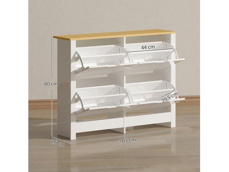  Meuble à chaussures étroit à 4 abattants, 105 x 26 x 80 cm, blanc et naturel  - Conforama C