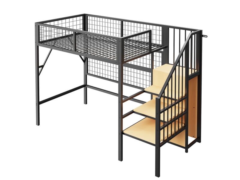 Lit mezzanine 90 x 200 cm, escalier, penderie ouverte, éclairage led intégré, commande par application, pour aménager la chambre, métal, noir ABC - Conforama A