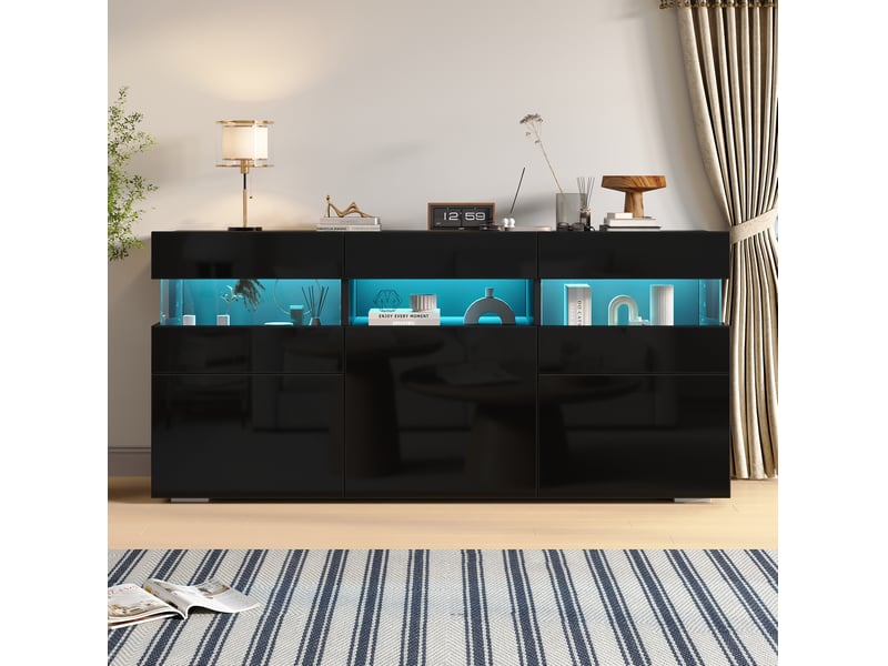  Buffet de salon noir 140 x 40,5 x 66,5 cm avec éclairage led contrôlé par application mobile, 3 portes, 7 rangements  - Conforama B