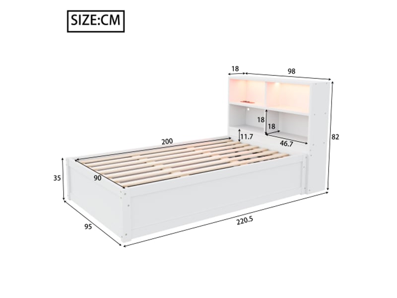  Canapé-lit 90x200 cm blanc, bois massif, lit hydraulique, rangement et multiprise, bande lumineuse, multifonctionnel  - Conforama C
