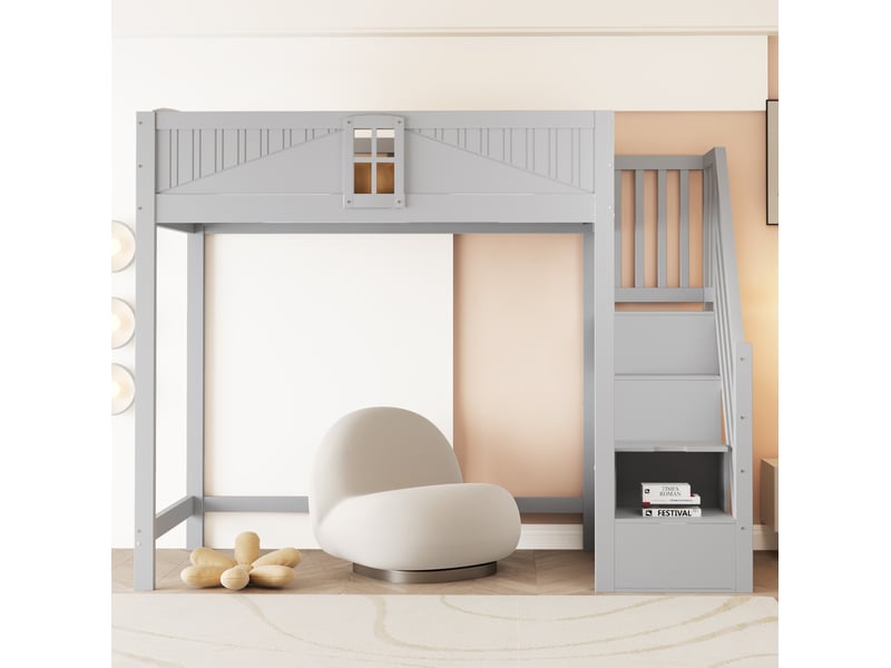 Lit mezzanine 90 x 200 cm avec escalier réversible et rangements, gris - Conforama D