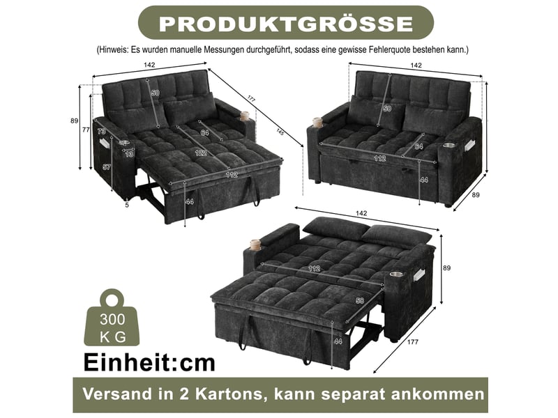  Canapé-lit 3-en-1 142x89x89 cm convertible, 2 porte-gobelets, 2 coussins lombaires, rangements, chenille, noir  - Conforama C