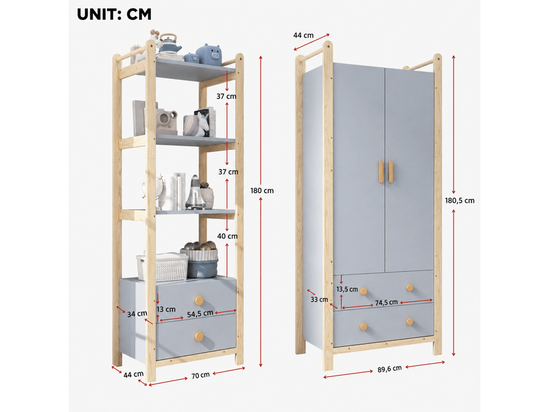  Armoire double pliante enfant modulable - penderie et étagères, tiroirs, cadre pin bleu et bois naturel 180 cm  - Conforama C