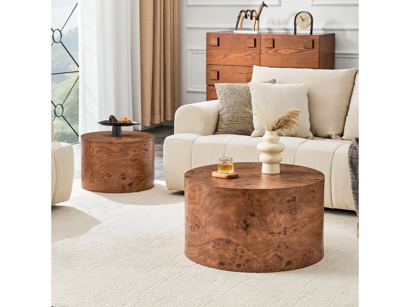  Table basse gigogne ronde 2 pièces 62.8cm et 44cm bois avec rangement caché – style nesting et design chaleureux  - Conforama E