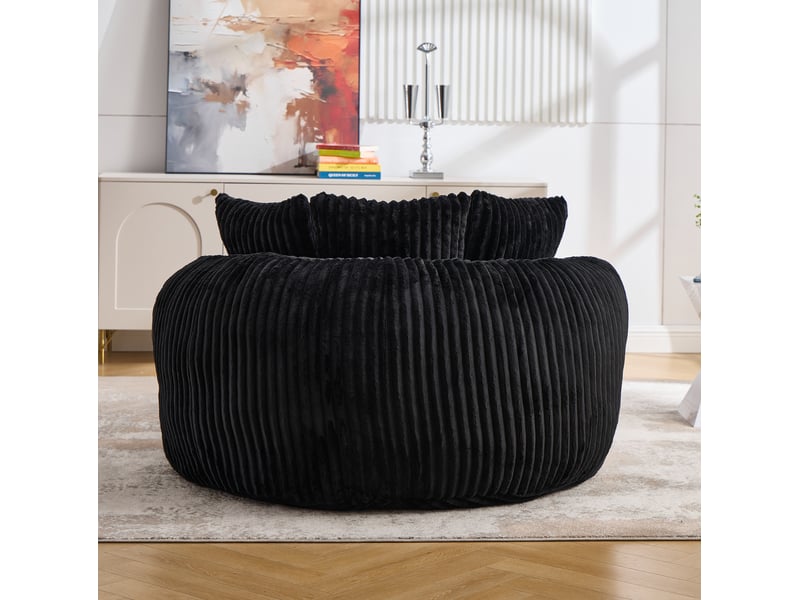 Fauteuil rond en velours côtelé noir avec 5 coussins et repose-pieds, idéal pour le salon et la détente - Conforama E