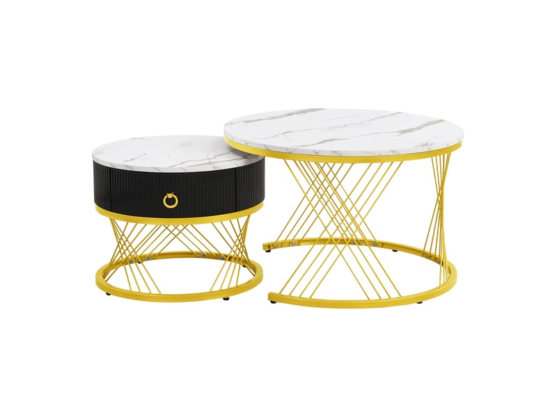  Table basse gigogne lot de 2 en effet marbre blanc et structure en métal doré, table de salon moderne  - Conforama W