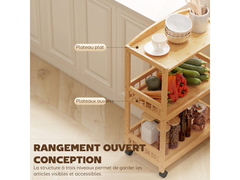  Chariot de cuisine à 3 niveaux, desserte à roulettes en bambou pour chambre, salon, bureau, 53x30,5x83cm, bois naturel  - Conforama D