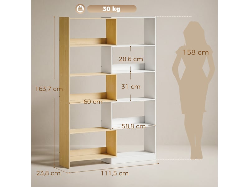 Bibliothèque d'angle rotative 350° à 5 niveaux, étagère de rangement extensible en forme l, 60-111x24x164cm, chêne - Conforama E