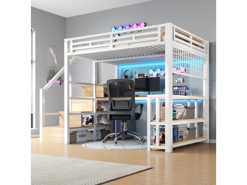  Lit mezzanine enfant 140x200 cm avec bureau intégré, rangements, éclairage led et structure métal mdf blanche  - Conforama R