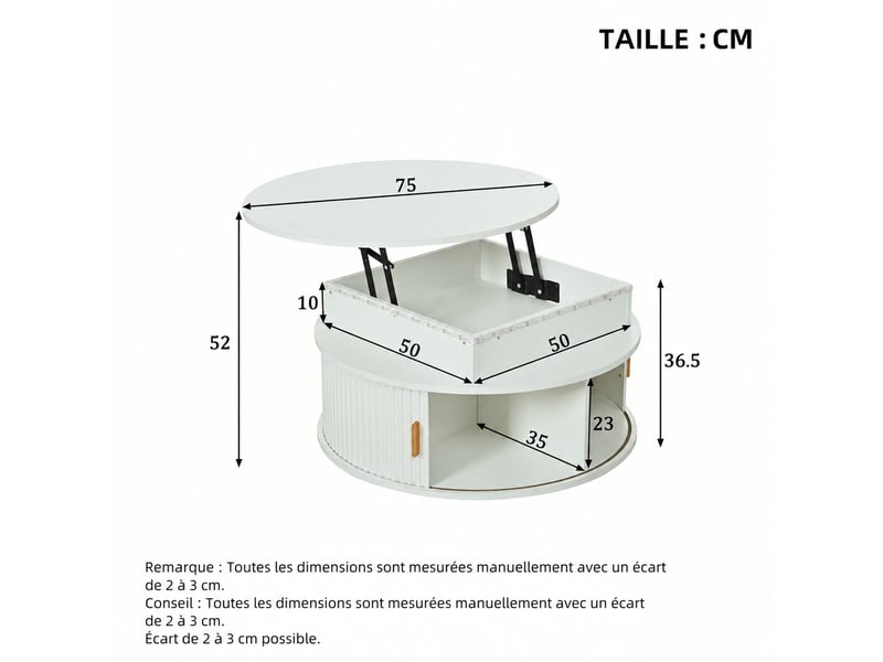  Table basse ronde à plateau relevable muvano avec éclairage led contrôlé par application, blanc ø 75 cm  - Conforama E