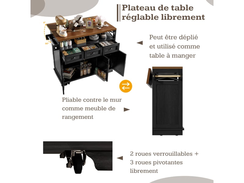  Îlot de cuisine 118x43x98 cm avec 3 portes et plateau pliable, noir et bois  - Conforama E