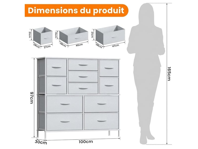  Chiffonnier meuble 100x30x97 cm onze tiroirs tissu blanc et metal blanc chambre  - Conforama E