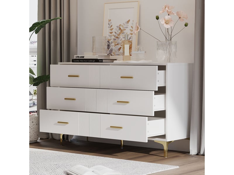  Commode 6 tiroirs 120 x 40 x 76 cm, surface rainurée élégante, pieds surélevés anti-humidité, mdf, blanc  - Conforama B