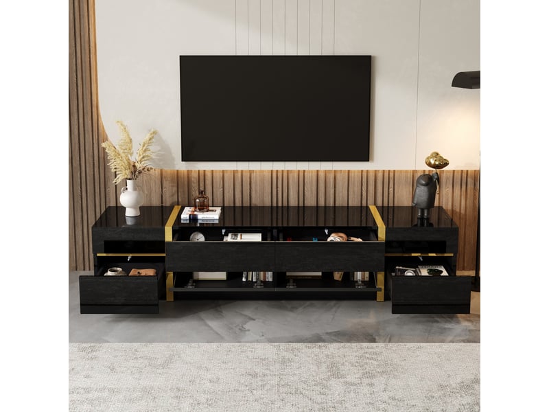  Meuble tv noir et or 180 cm finition brillante avec 4 tiroirs et 2 portes, banc tv moderne pour salon  - Conforama C