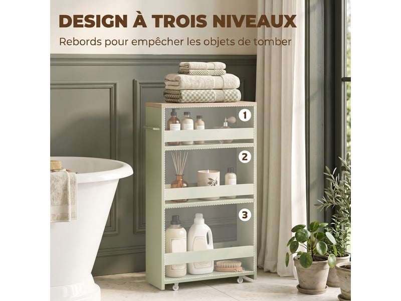  Chariot de rangement à 3 niveaux avec roulettes et poignée vert 48 x 15 x 80 cm  - Conforama D