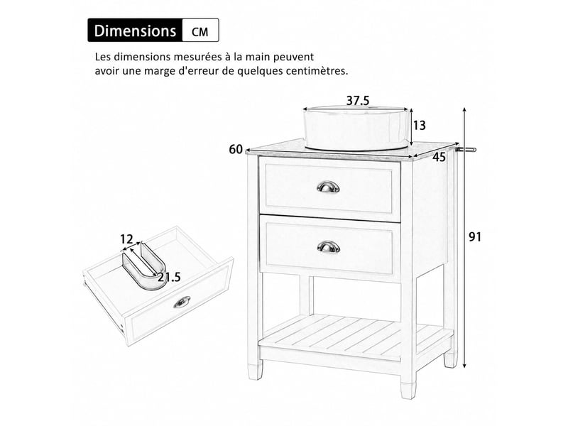  Meuble vasque salle de bains 60 cm blanc et bois clair avec vasque ronde en céramique  - Conforama C