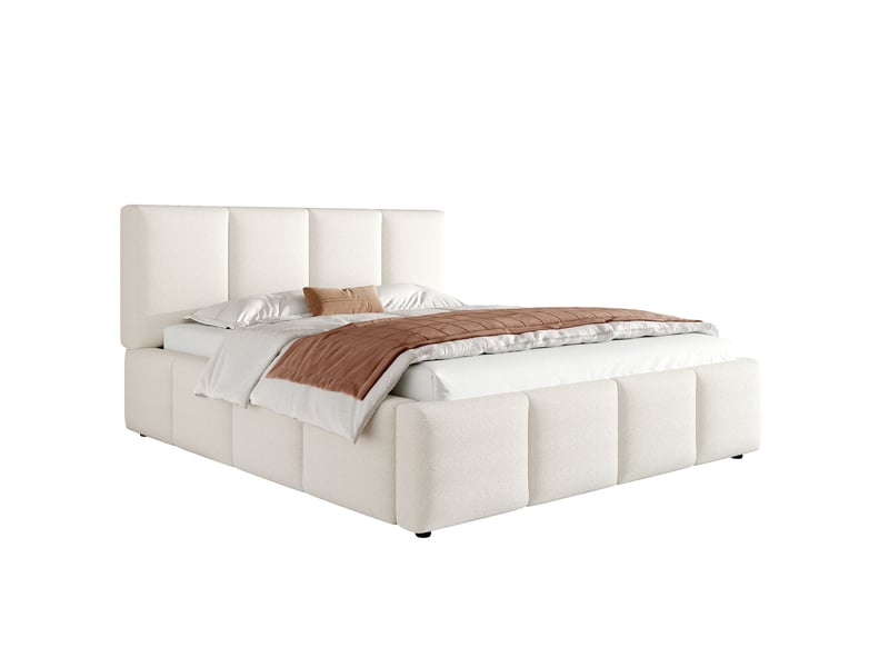  Lit double 180 x 200 cm avec sommier à lattes et tête de lit bouclée beige  - Conforama A