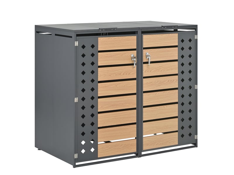  Cache-poubelles 2 compartiments, couvercle rabattable, panneaux diamant perforés, métal gris  - Conforama D