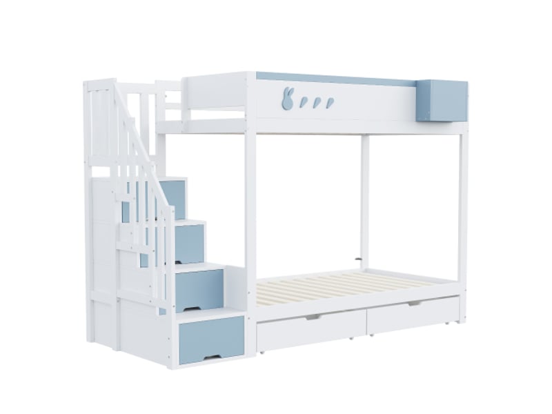  Lit superposé 90x200 cm, lit enfant avec rangement, escalier de rangement, 2 tiroirs, sommier à lattes, blanc et bleu, sans matelas  - Conforama E