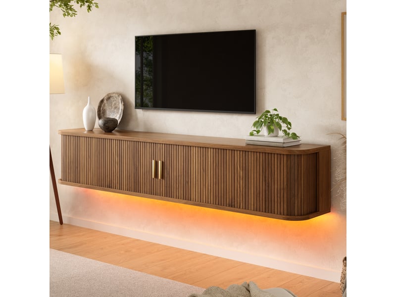  Meuble tv suspendu bois foncé 175 cm led mdf  - Conforama D