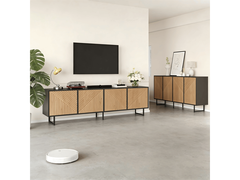  Ensemble rayofi meuble tv 180 x 40 x 50 cm et buffet 160 x 40 x 75 cm, bois naturel et noir, 4 portes, capacité 40 kg  - Conforama B