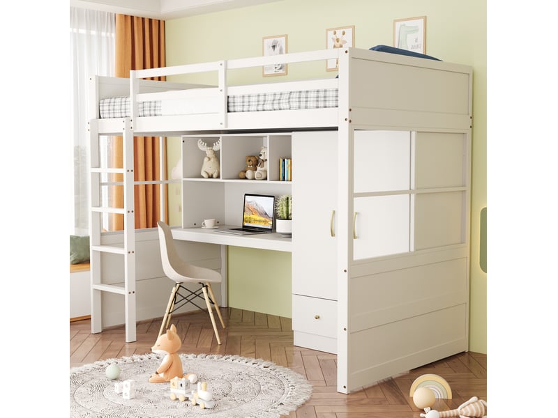 Lit mezzanine 90x200 cm blanc avec bureau, armoire et tiroirs - Conforama D