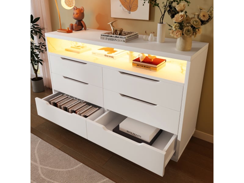  Buffet commode avec éclairage led et 6 tiroirs, compartiment de rangement effet marbre, meuble moderne pour salon et chambre, 120 x 40 x 85 cm, blanc  - Conforama B
