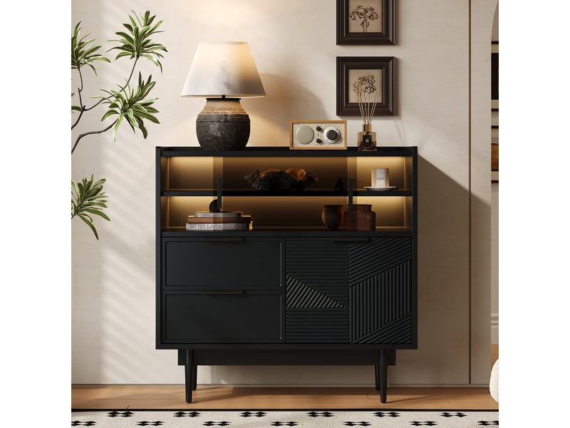  Buffet bas meuble de rangement 80x35x80 cm - led à 16 couleurs - portes vitrées coulissantes - niches ouvertes - mdf - noir  - Conforama B