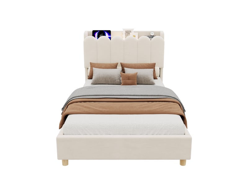  Lit enfant rembourré 90x200cm avec sommier à lattes,tête de lit avec usb, type-c et liseuse led, velours, beige evarich - Conforama A