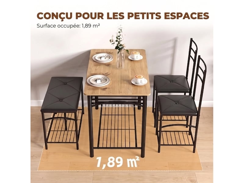  Ensemble table et 4 sièges de salle à manger industriel, table avec 2 chaises et banc, marron et noir  - Conforama E