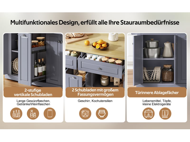  Îlot de cuisine mobile bois naturel et gris en mdf, plateau rabattable, roulettes verrouillables, 121 × 49 (69) × 89 cm  - Conforama C
