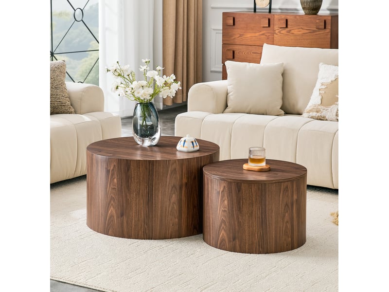 Tables basses gigognes rondes lot de 2 avec rangement et couvercle amovible, en mdf finition noyer, pour salon  - Conforama B