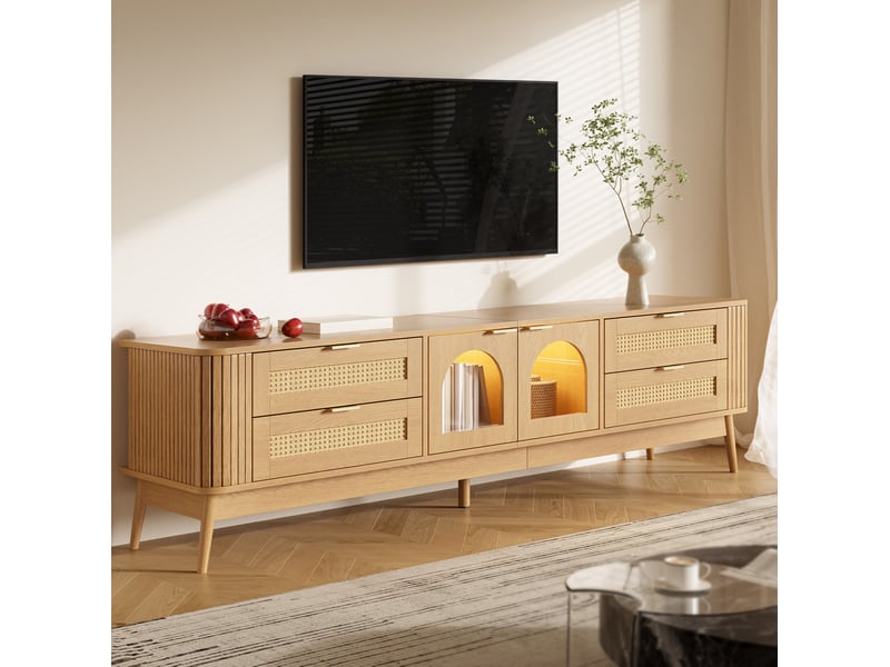  Meuble tv avec led pilotée par application, 4 tiroirs et 2 portes vitrées pour salon, bois naturel 180 × 40 × 50 cm  - Conforama D