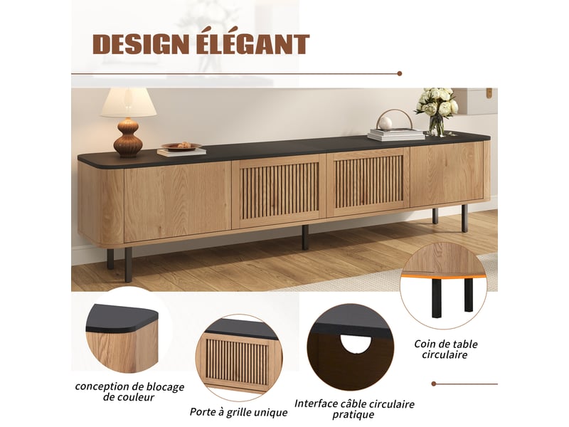  Meuble tv 190x35x45 cm, design unique moderne, panneau tv bas, grand rangement, lowboard moderne, mdf et pb pour salon - chêne  - Conforama E