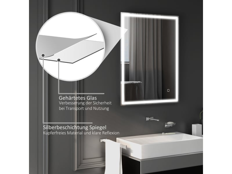  Miroir lumineux de salle de bain led à luminosité réglable, antibuée et mémoire en verre trempé argenté 90 × 70 × 4 cm  - Conforama C