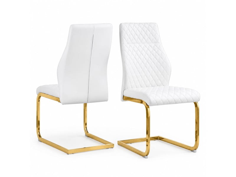  Chaises de salle à manger lot de 2 à dossier haut matelassé  - pieds antidérapants métal et pu - blanc et doré  - Conforama A