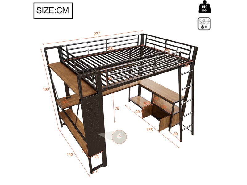  Lit mezzanine 140 x 200 cm avec bureau, rangements, led et usb, noir, métal mdf  - Conforama C