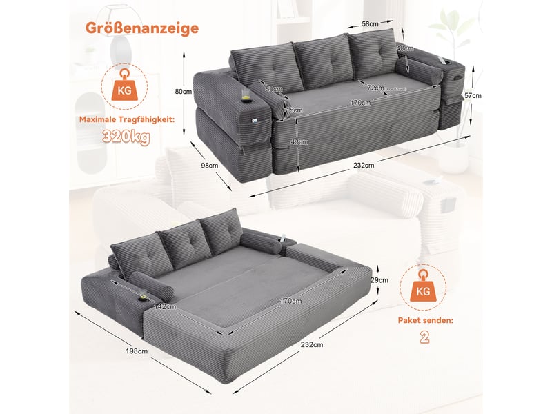 Canapé convertible 3 places en velours côtelé gris foncé avec poches et porte-gobelet - Conforama C
