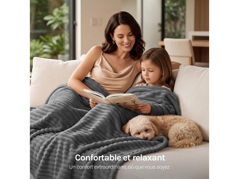  Couverture polaire en flanelle côtelée, 230x270cm, gris foncé, 350 gm², moelleux, léger, plaid pour lit et voyage  - Conforama B