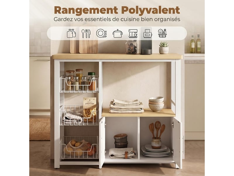  Meuble de rangement cuisine avec 3 paniers et placard blanc 100 x 35 x 80 cm  - Conforama D