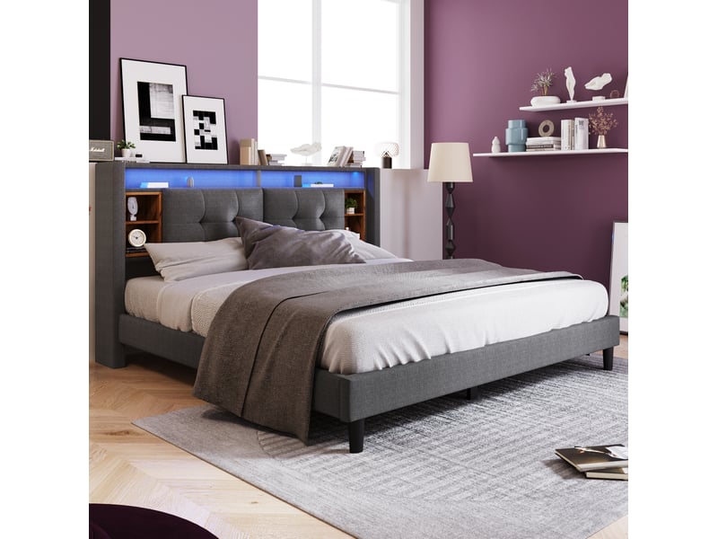  Lit double 140 x 200 cm gris avec tête de lit rangement, led, usb et matelas  - Conforama D