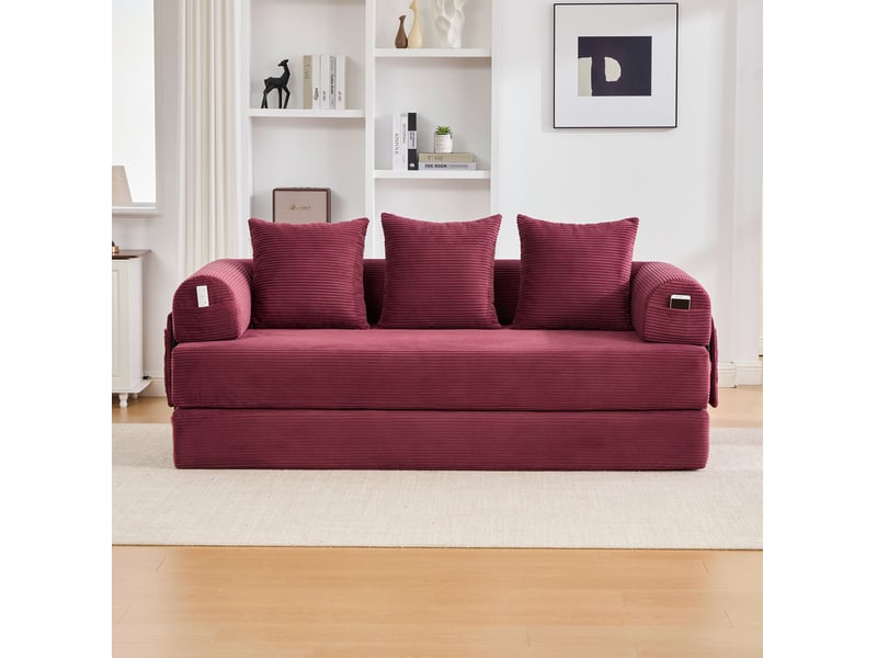 Canapé droit 3 places moderne 200x94x67 cm, modulable librement, rangements latéraux, rangement, velours côtelé, bordeaux - Conforama B