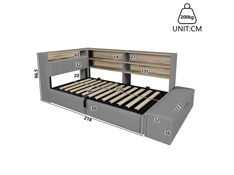  Lit banquette 90 x 200 cm, coffre hydraulique, prise électrique, rangement latéral réversible, port usb, bande led, velours, gris Seren Glow - Conforama C