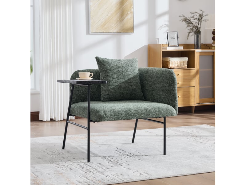  Fauteuil avec table d’appoint 64x67x71 cm, pieds métalliques, rangement latéral, pour salon, bureau, chenille vert émeraude  - Conforama D