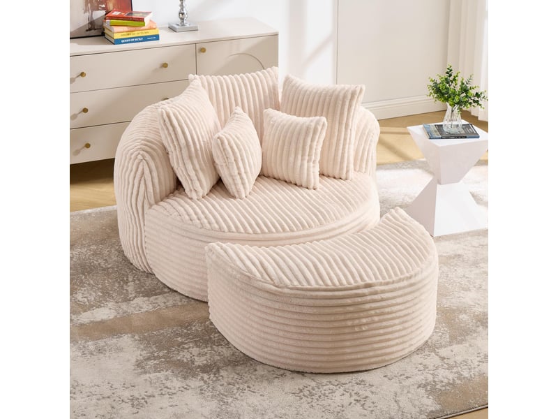  Fauteuil rond avec pouf - 168x123x63 cm - canapé lit lounge velours côtelé avec 5 coussins sans structure rigide - beige  - Conforama B
