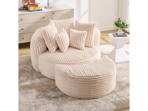 Fauteuil rond avec pouf - 168x123x63 cm - canapé lit lounge velours côtelé avec 5 coussins sans structure rigide - beige